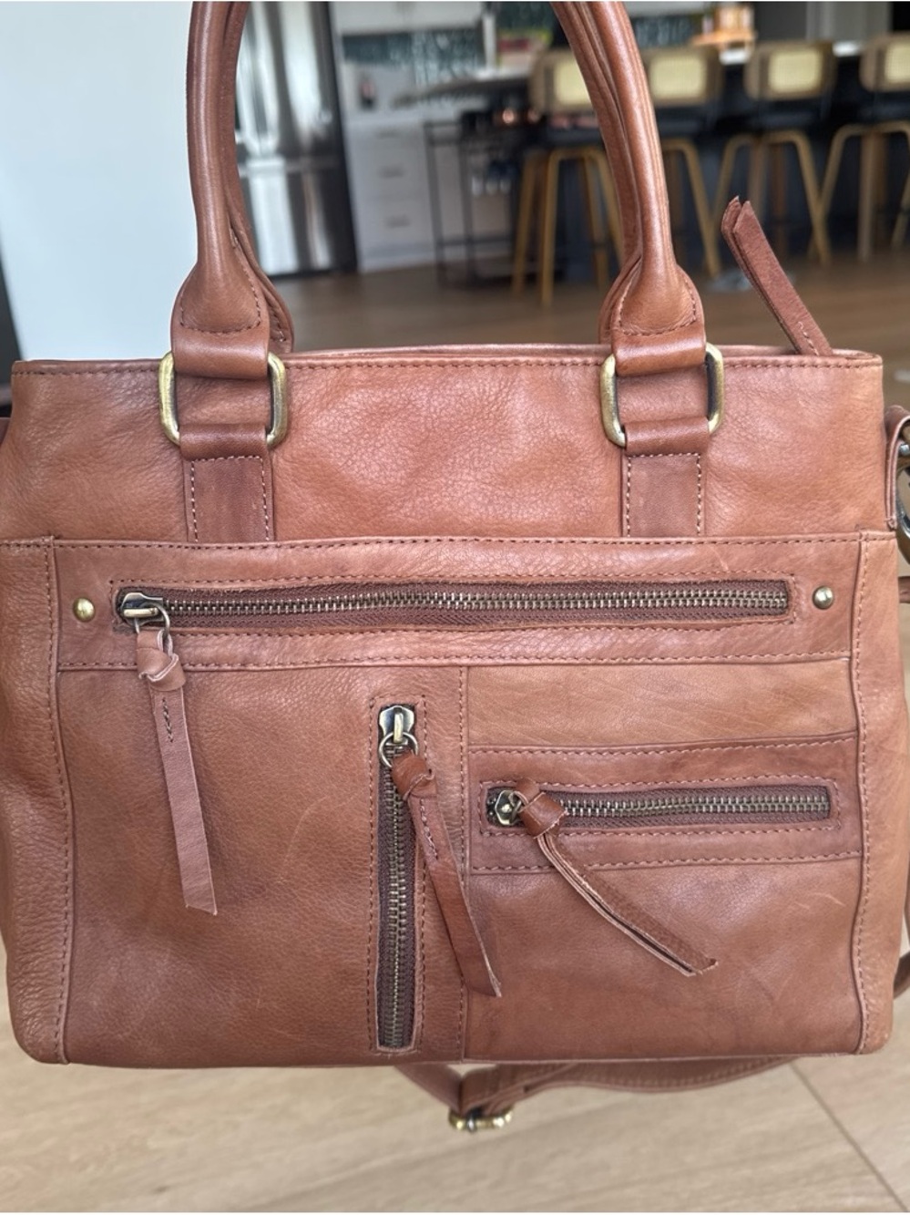 100% leather Structured Tan Satchel with Multiple Zip Pockets, Great American